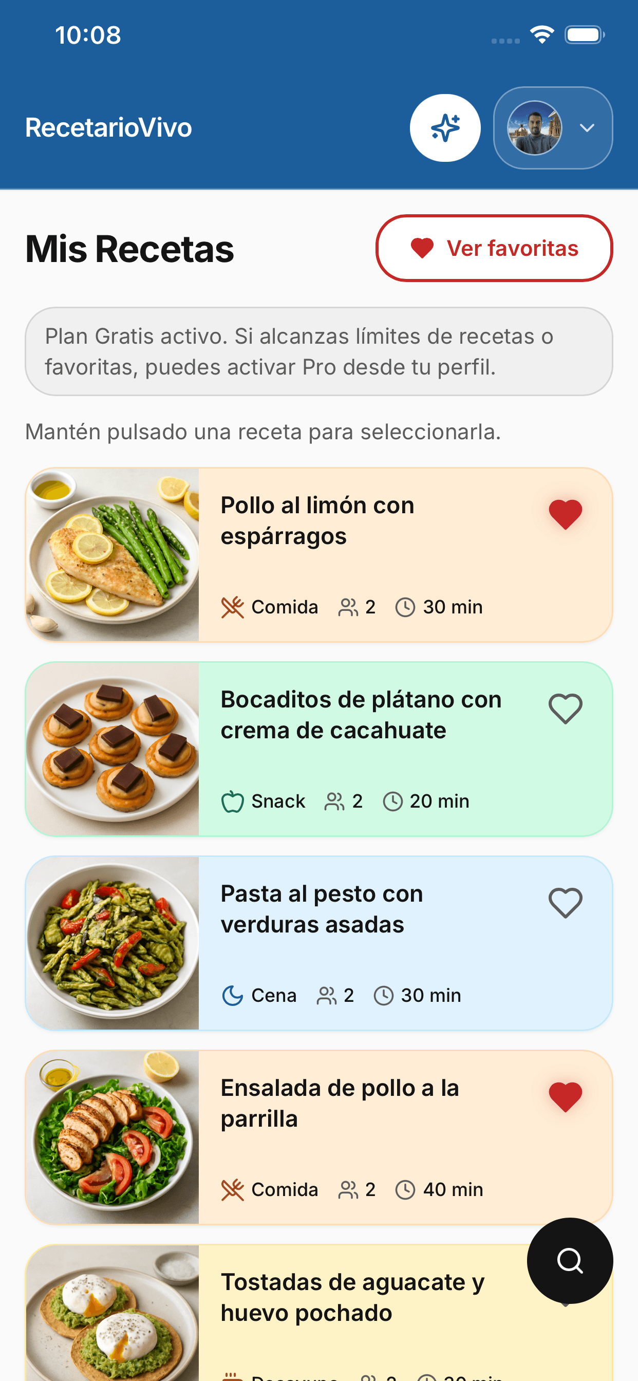 Pantalla de detalle de receta con ingredientes y pasos.