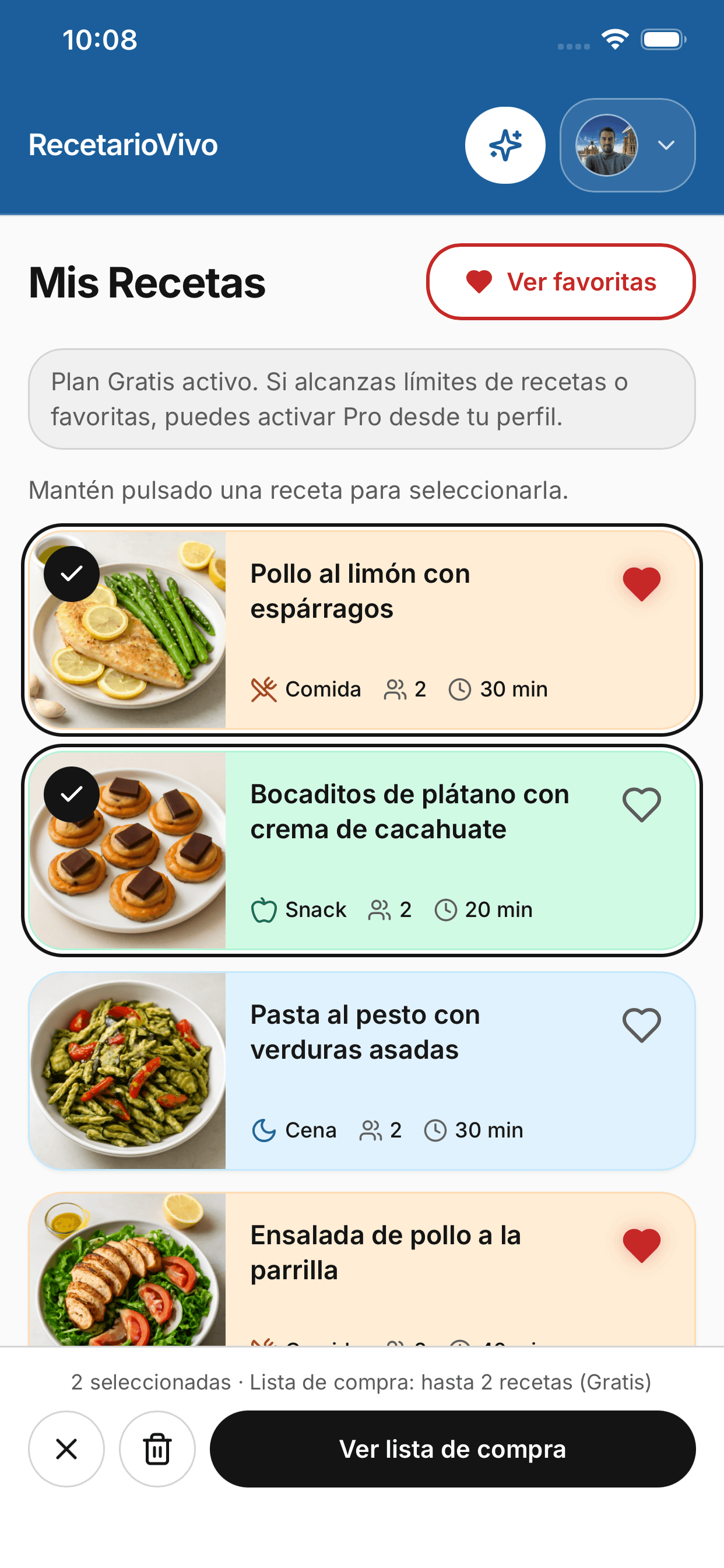 Pantalla de favoritos con recetas guardadas por el usuario.