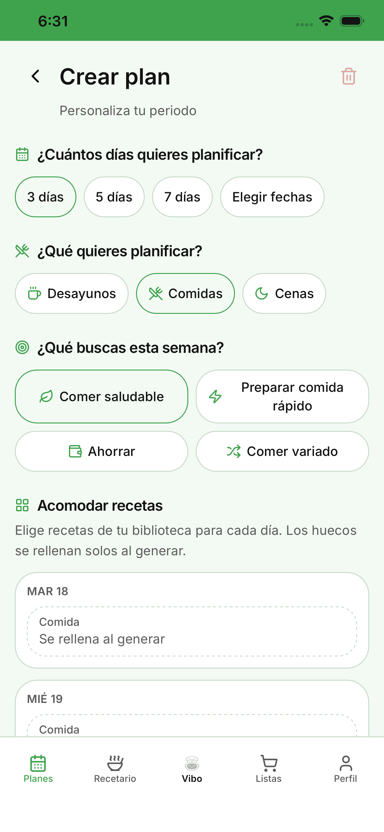 Crear plan: elige días, horarios, objetivos de la semana y acomoda recetas.