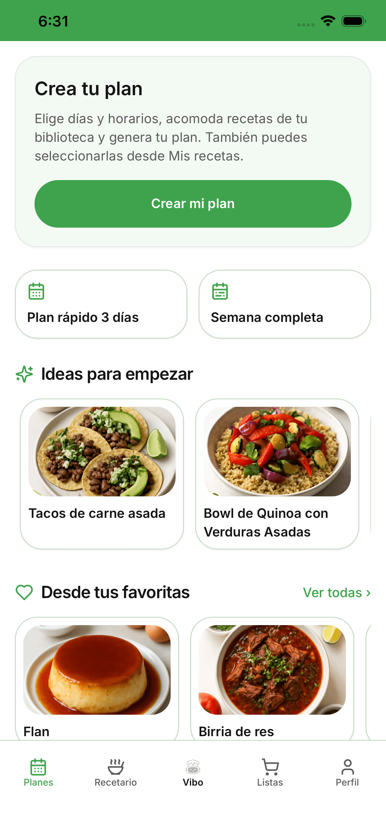 Crea tu plan: elige días y horarios, acomoda recetas de tu biblioteca y genera tu plan.