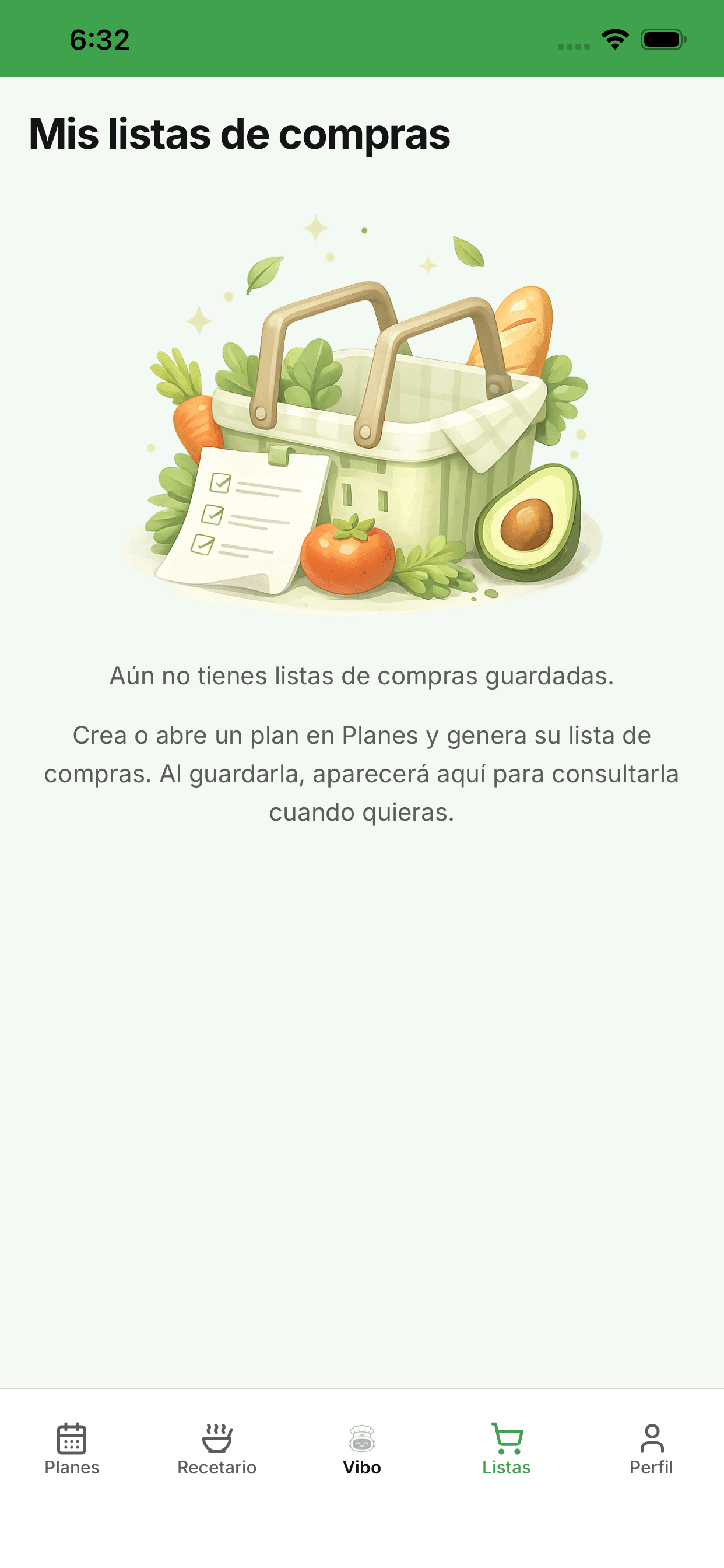 Listas de compras: genera la lista desde un plan y consúltala cuando quieras.